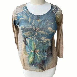 French Bazaar - Gold and Teal Metallic Floral Knit Top Size L